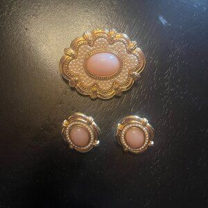 Vintage Avon "Victorian Spring" Pink and Gold Tone Brooch and Earring Set